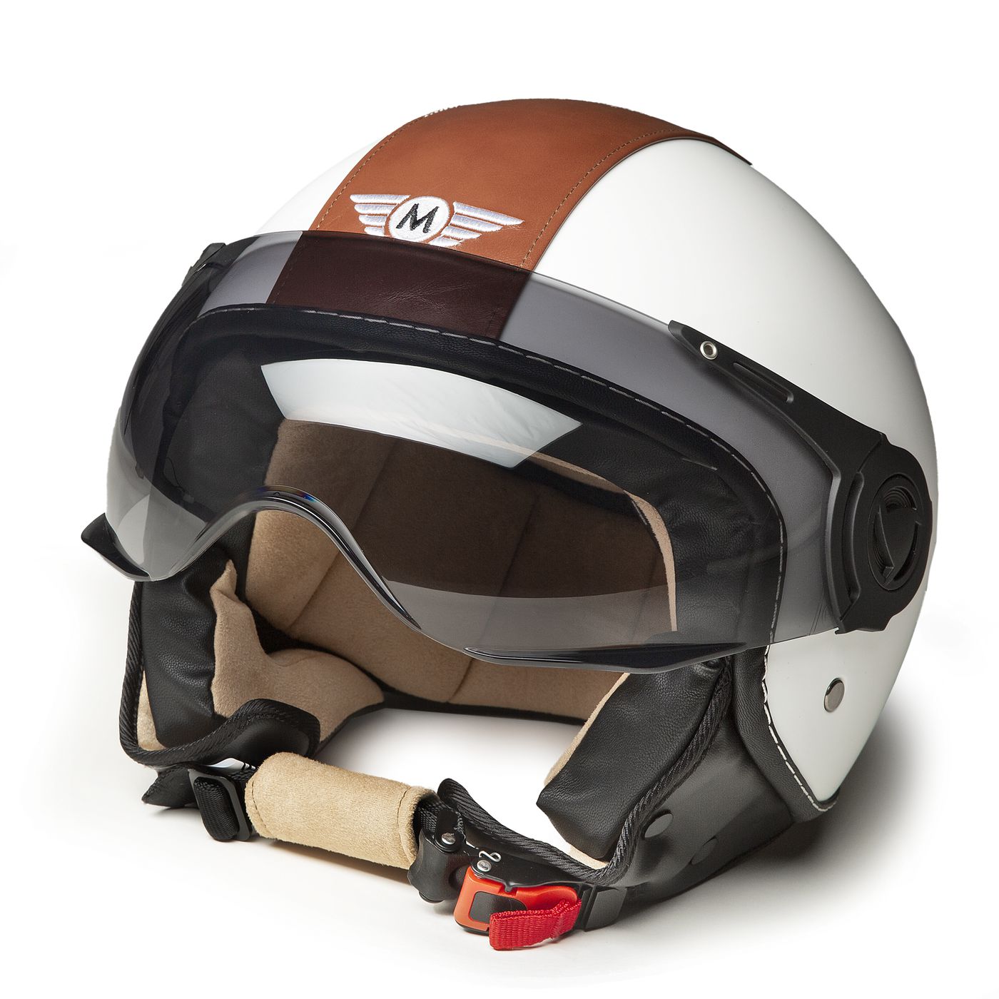 Casco jet Vintage Moto, bianco / rivestimento in similpelle marrone, L